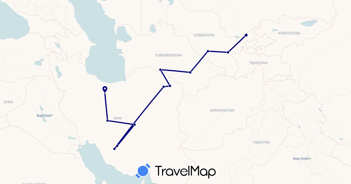 TravelMap itinerary: driving in Iran, Turkmenistan, Uzbekistan (Asia)