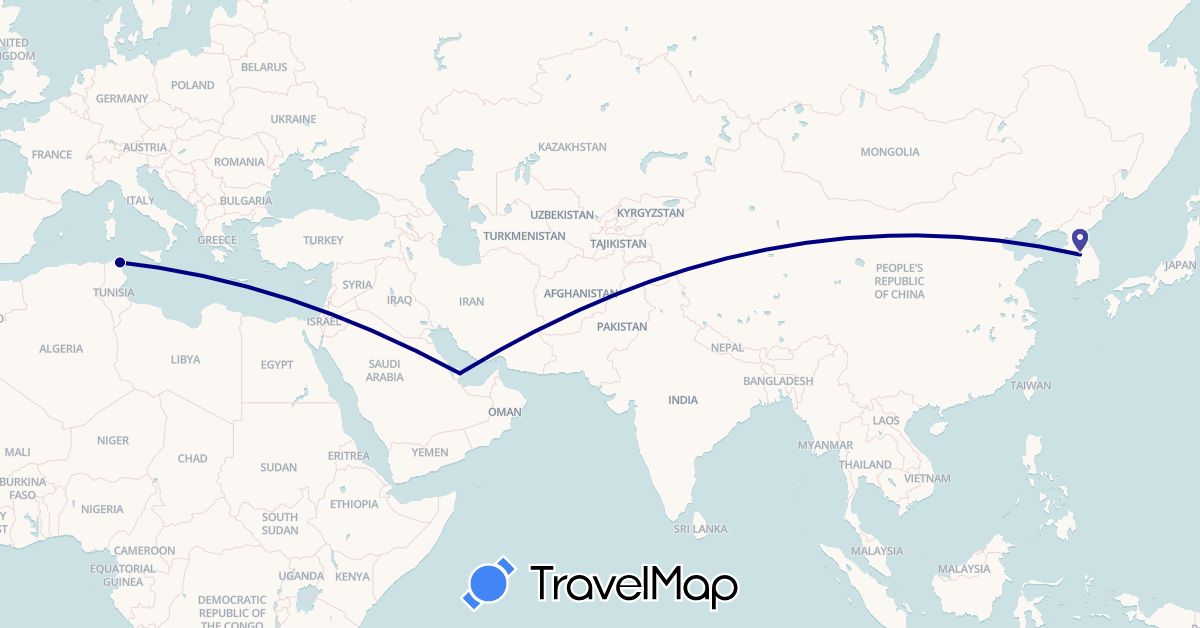 TravelMap itinerary: driving in South Korea, Qatar, Tunisia (Africa, Asia)